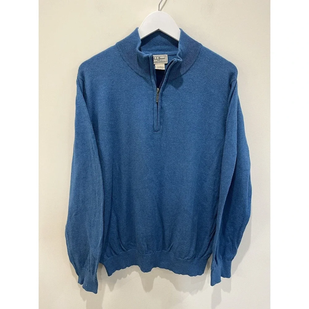 LL Bean Mens Sweater Sz L Cashmere Cotton Blue Pullover Casual 1/4 Zip ‎ Outdoor